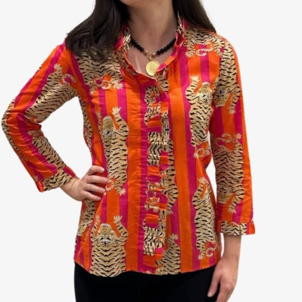 Liza Byrd Bessie Ruffle‎ Blouse in Tangerine and Pink StripTiger Print Size S